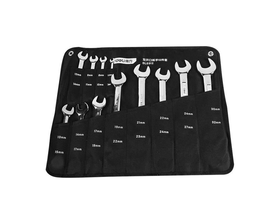 得力工具DL0312(终保)镜面双开口扳手套装12件套布包铬钒钢